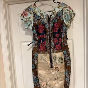 One-Shoulder Floral Patchwork Midi Dress in Brown and Teal